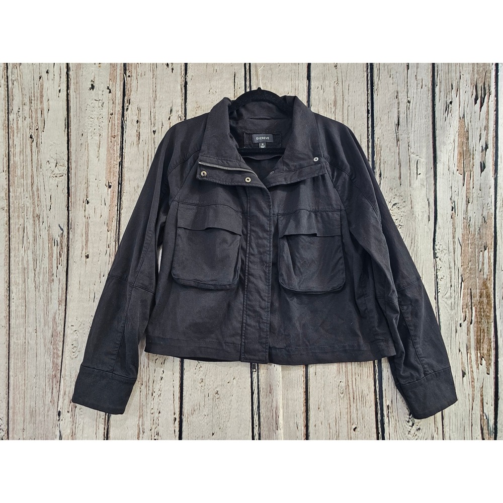 Evereve Utility Chore Jacket Women Medium Black Solid Cargo Zip Up Lightweight